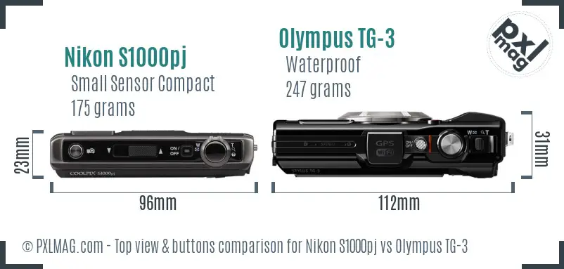 Nikon S1000pj vs Olympus TG-3 top view buttons comparison Nikon S1000pj vs Olympus TG-3 top view buttons comparison