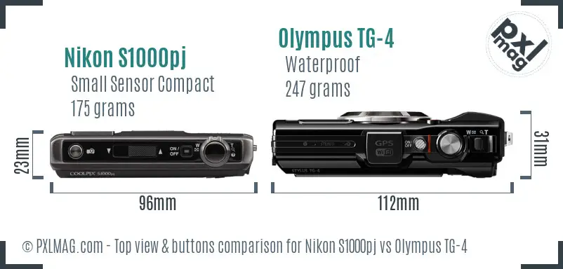 Nikon S1000pj vs Olympus TG-4 top view buttons comparison
