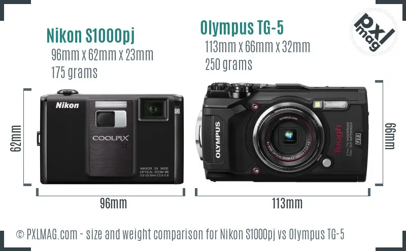 Nikon S1000pj vs Olympus TG-5 size comparison