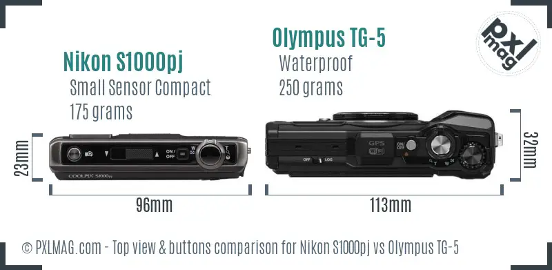 Nikon S1000pj vs Olympus TG-5 top view buttons comparison