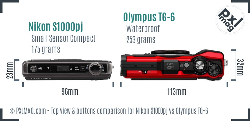 Nikon S1000pj vs Olympus TG-6 top view buttons comparison