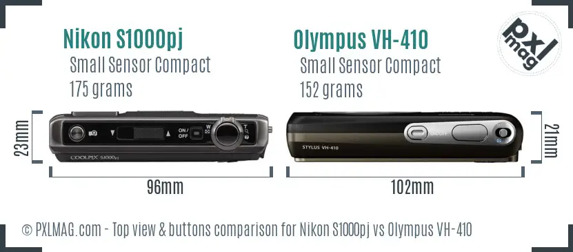 Nikon S1000pj vs Olympus VH-410 top view buttons comparison Nikon S1000pj vs Olympus VH-410 top view buttons comparison