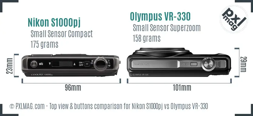 Nikon S1000pj vs Olympus VR-330 top view buttons comparison Nikon S1000pj vs Olympus VR-330 top view buttons comparison