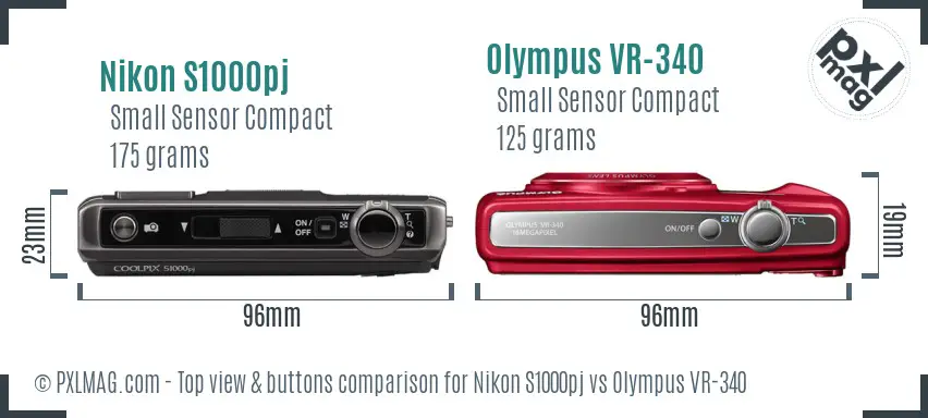 Nikon S1000pj vs Olympus VR-340 top view buttons comparison Nikon S1000pj vs Olympus VR-340 top view buttons comparison