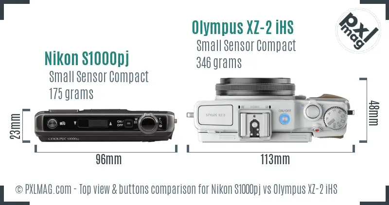 Nikon S1000pj vs Olympus XZ-2 iHS top view buttons comparison