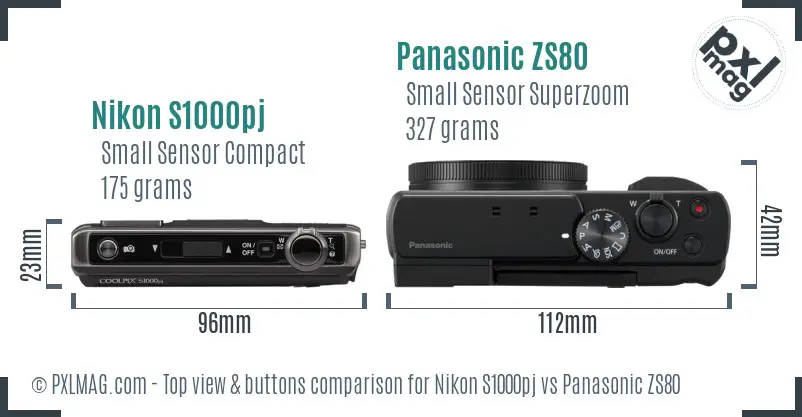 Nikon S1000pj vs Panasonic ZS80 top view buttons comparison
