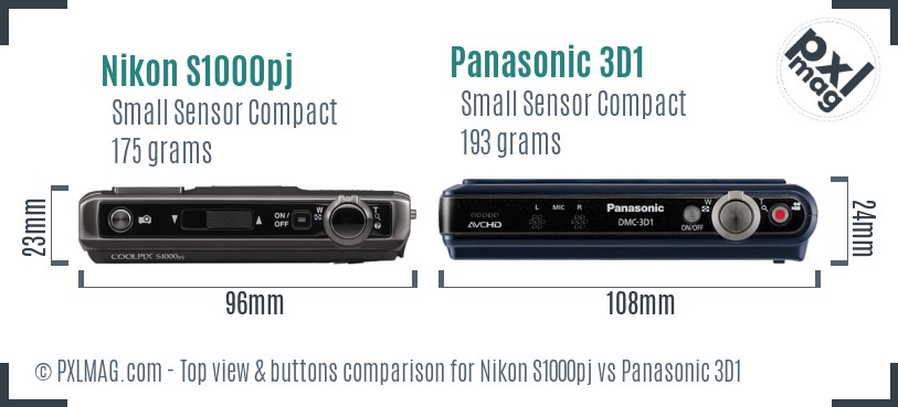 Nikon S1000pj vs Panasonic 3D1 top view buttons comparison