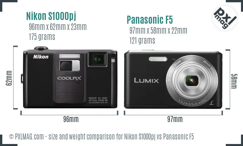 Nikon S1000pj vs Panasonic F5 size comparison