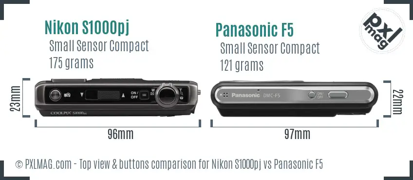 Nikon S1000pj vs Panasonic F5 top view buttons comparison