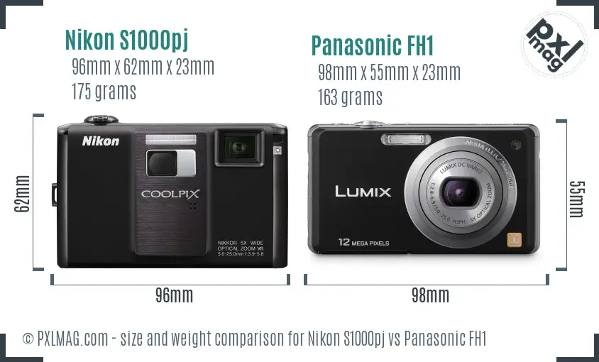 Nikon S1000pj vs Panasonic FH1 size comparison