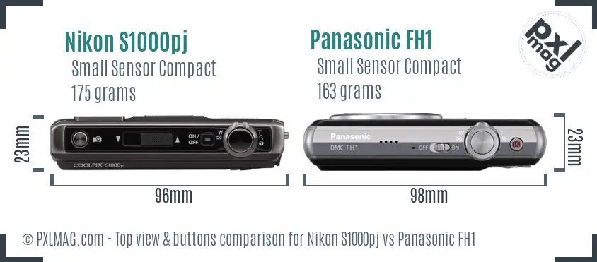 Nikon S1000pj vs Panasonic FH1 top view buttons comparison