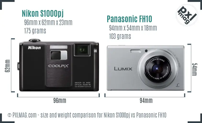 Nikon S1000pj vs Panasonic FH10 size comparison