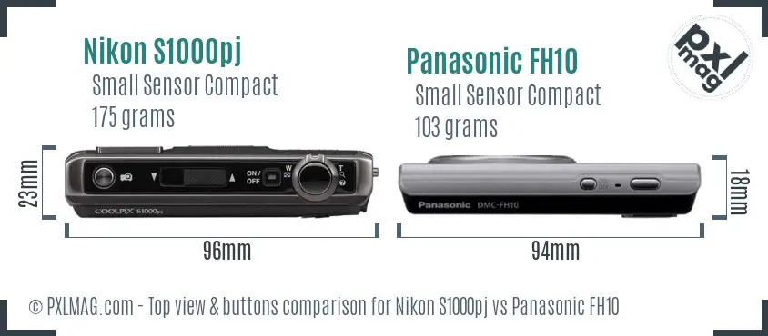 Nikon S1000pj vs Panasonic FH10 top view buttons comparison