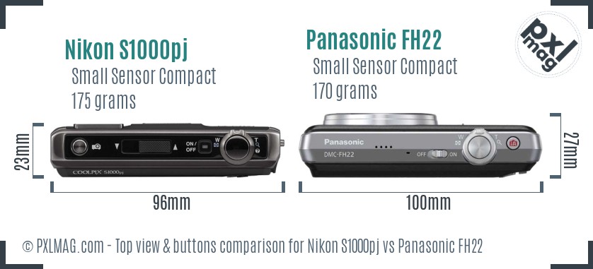 Nikon S1000pj vs Panasonic FH22 top view buttons comparison