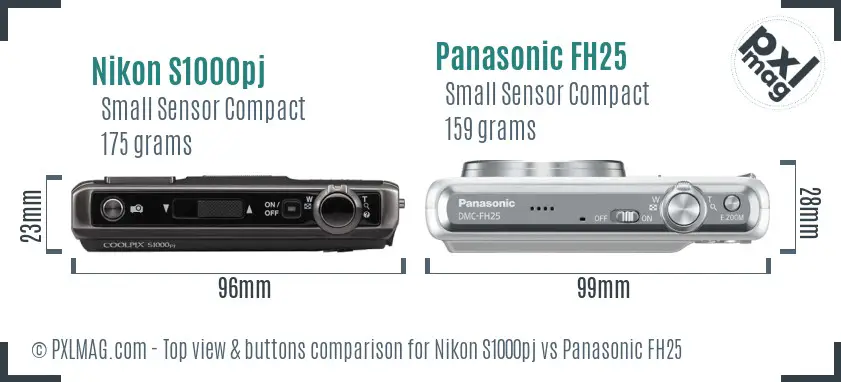 Nikon S1000pj vs Panasonic FH25 top view buttons comparison Nikon S1000pj vs Panasonic FH25 top view buttons comparison