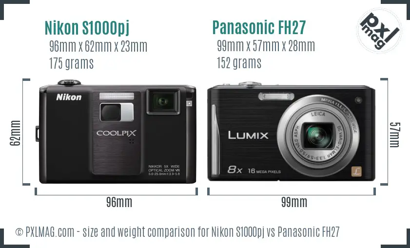 Nikon S1000pj vs Panasonic FH27 size comparison