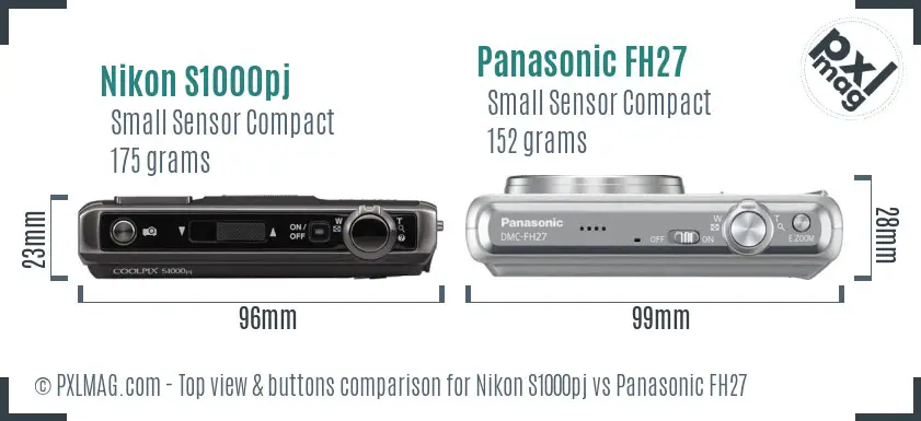 Nikon S1000pj vs Panasonic FH27 top view buttons comparison