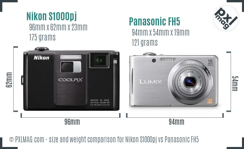 Nikon S1000pj vs Panasonic FH5 size comparison