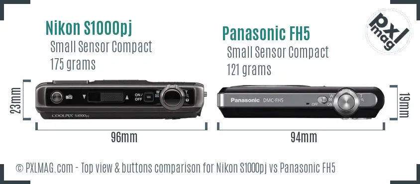 Nikon S1000pj vs Panasonic FH5 top view buttons comparison