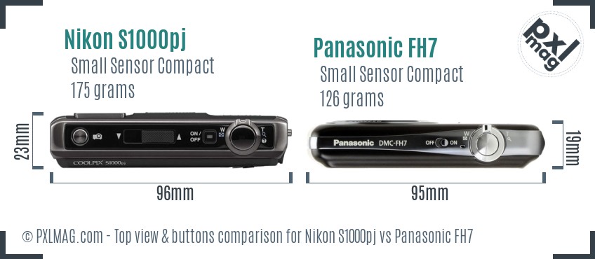 Nikon S1000pj vs Panasonic FH7 top view buttons comparison
