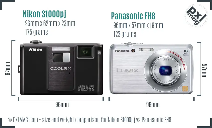 Nikon S1000pj vs Panasonic FH8 size comparison