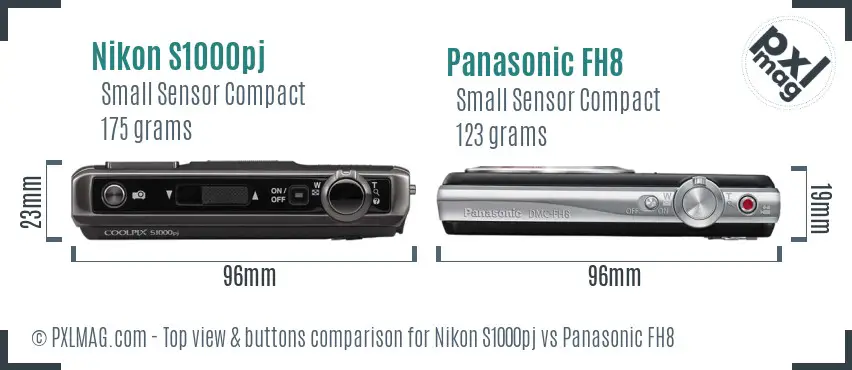 Nikon S1000pj vs Panasonic FH8 top view buttons comparison
