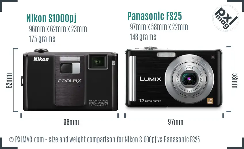 Nikon S1000pj vs Panasonic FS25 size comparison