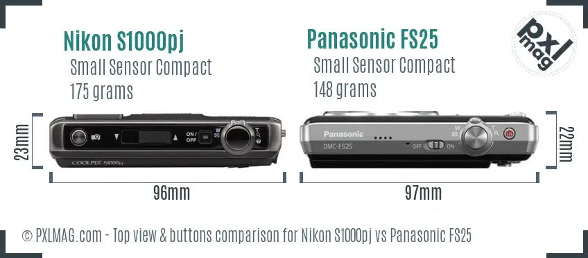 Nikon S1000pj vs Panasonic FS25 top view buttons comparison