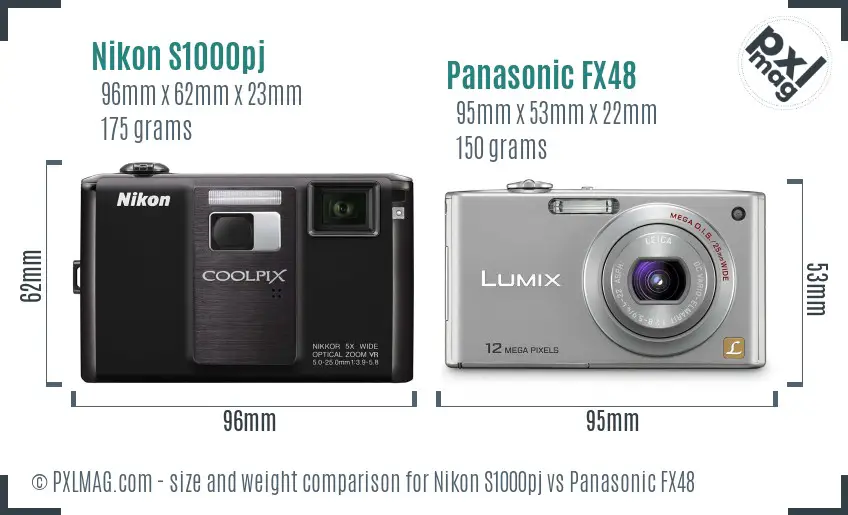 Nikon S1000pj vs Panasonic FX48 size comparison