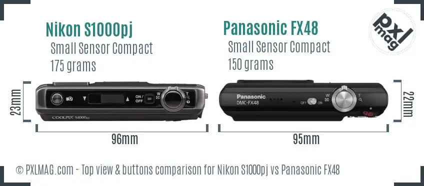 Nikon S1000pj vs Panasonic FX48 top view buttons comparison