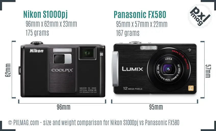 Nikon S1000pj vs Panasonic FX580 size comparison