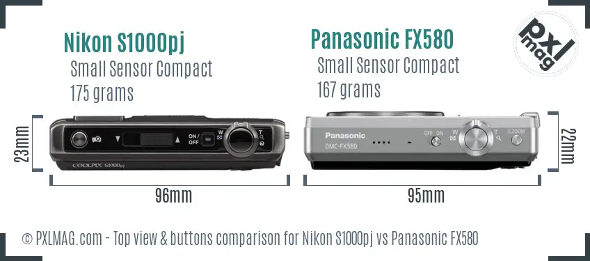 Nikon S1000pj vs Panasonic FX580 top view buttons comparison