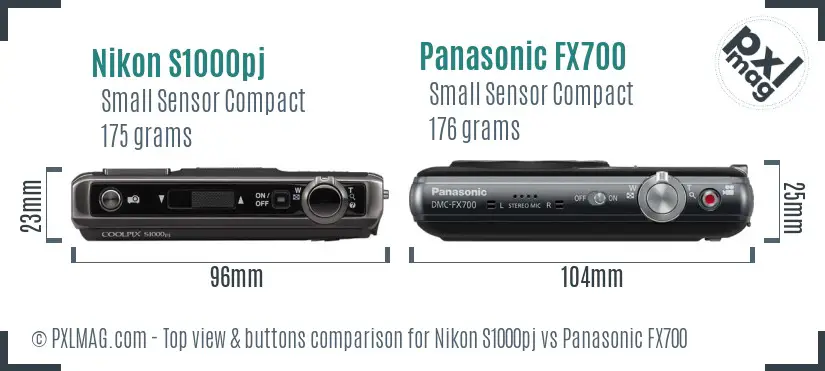 Nikon S1000pj vs Panasonic FX700 top view buttons comparison Nikon S1000pj vs Panasonic FX700 top view buttons comparison