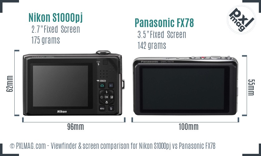 Nikon S1000pj vs Panasonic FX78 Screen and Viewfinder comparison
