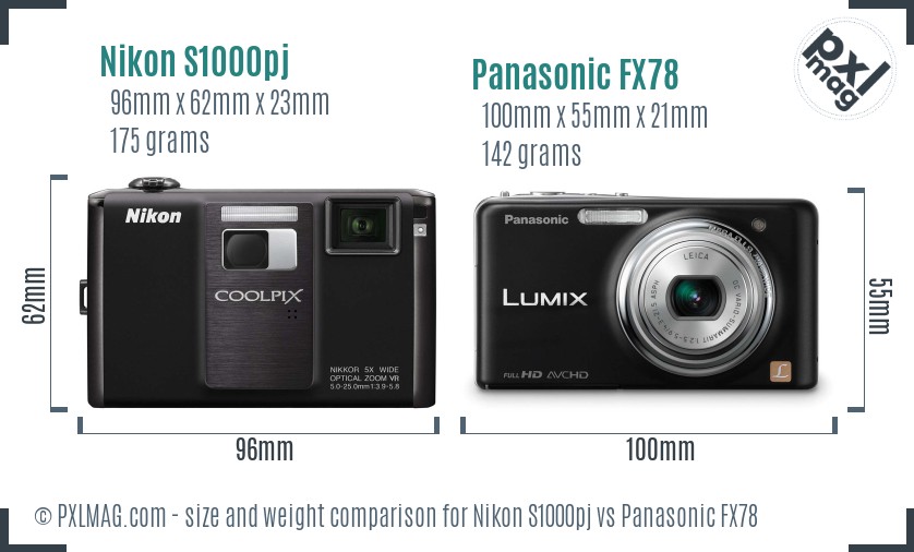 Nikon S1000pj vs Panasonic FX78 size comparison