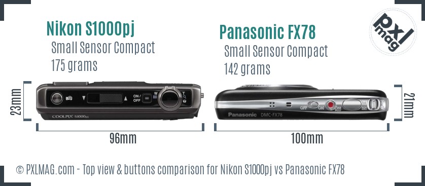 Nikon S1000pj vs Panasonic FX78 top view buttons comparison