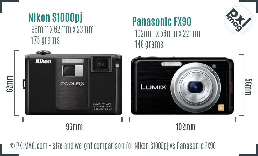 Nikon S1000pj vs Panasonic FX90 size comparison