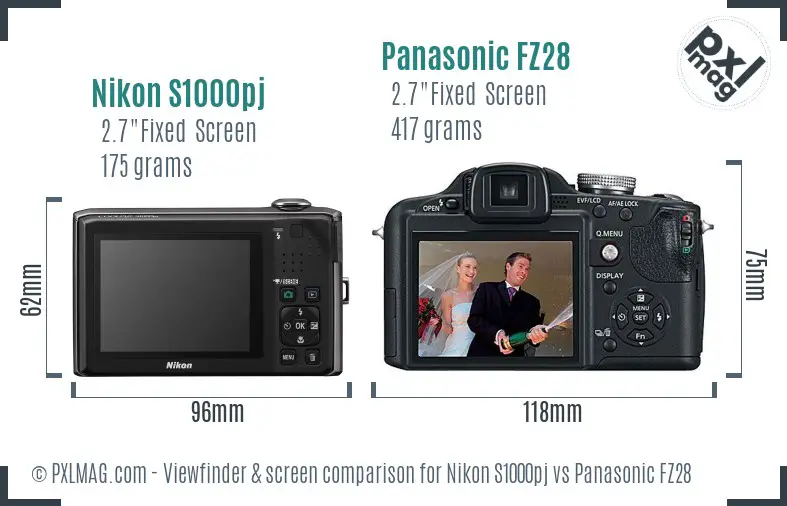Nikon S1000pj vs Panasonic FZ28 Screen and Viewfinder comparison