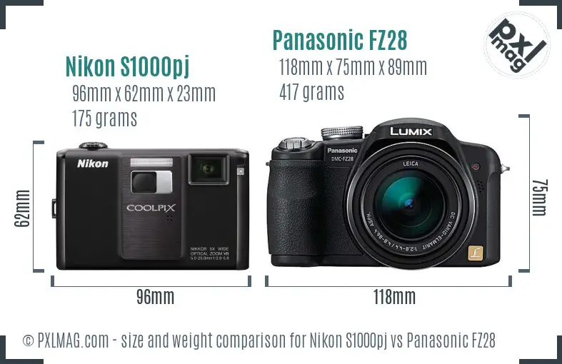 Nikon S1000pj vs Panasonic FZ28 size comparison