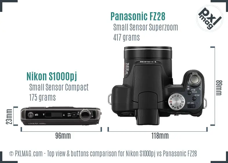 Nikon S1000pj vs Panasonic FZ28 top view buttons comparison