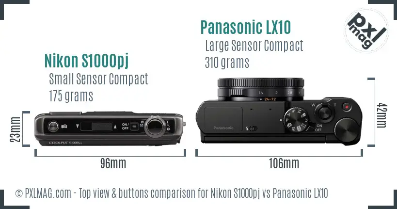 Nikon S1000pj vs Panasonic LX10 top view buttons comparison