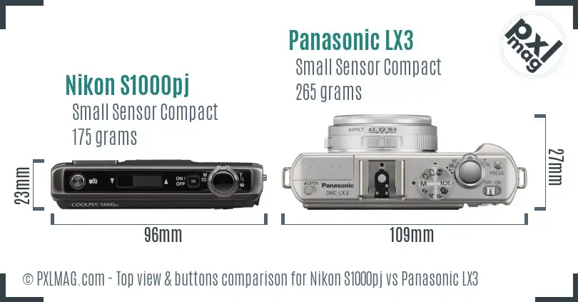 Nikon S1000pj vs Panasonic LX3 top view buttons comparison