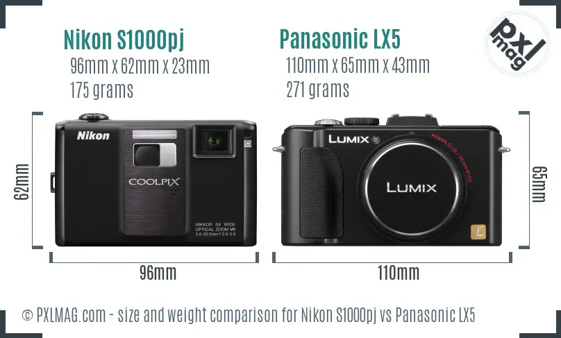 Nikon S1000pj vs Panasonic LX5 size comparison