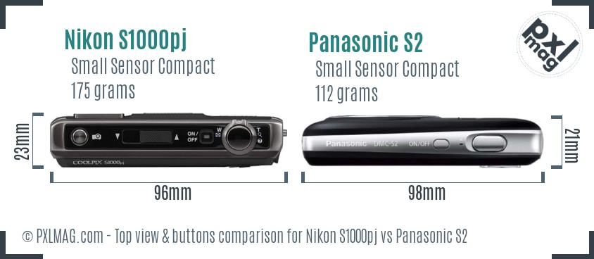 Nikon S1000pj vs Panasonic S2 top view buttons comparison