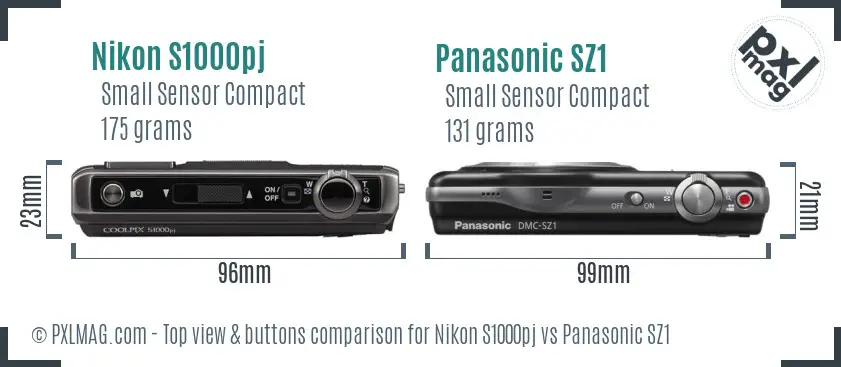 Nikon S1000pj vs Panasonic SZ1 top view buttons comparison Nikon S1000pj vs Panasonic SZ1 top view buttons comparison