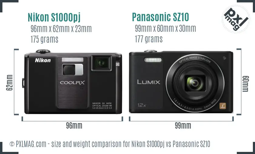 Nikon S1000pj vs Panasonic SZ10 size comparison