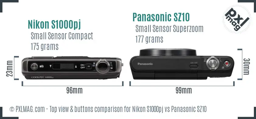 Nikon S1000pj vs Panasonic SZ10 top view buttons comparison