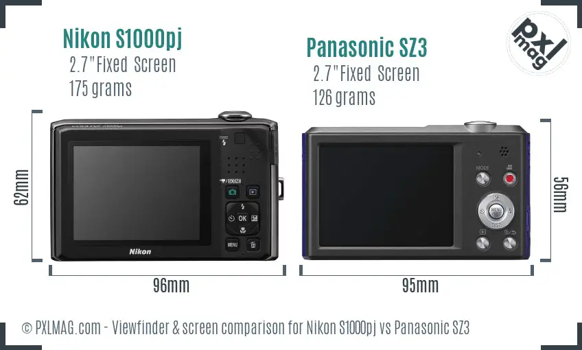 Nikon S1000pj vs Panasonic SZ3 Screen and Viewfinder comparison