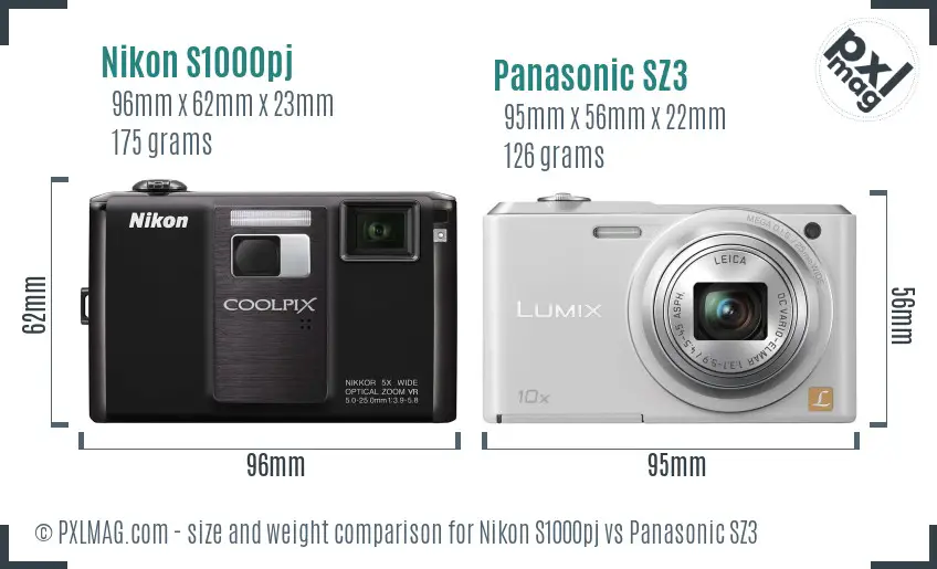 Nikon S1000pj vs Panasonic SZ3 size comparison