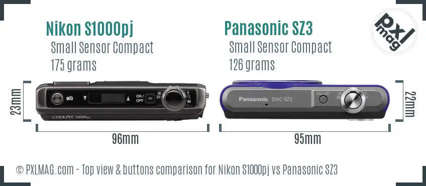 Nikon S1000pj vs Panasonic SZ3 top view buttons comparison